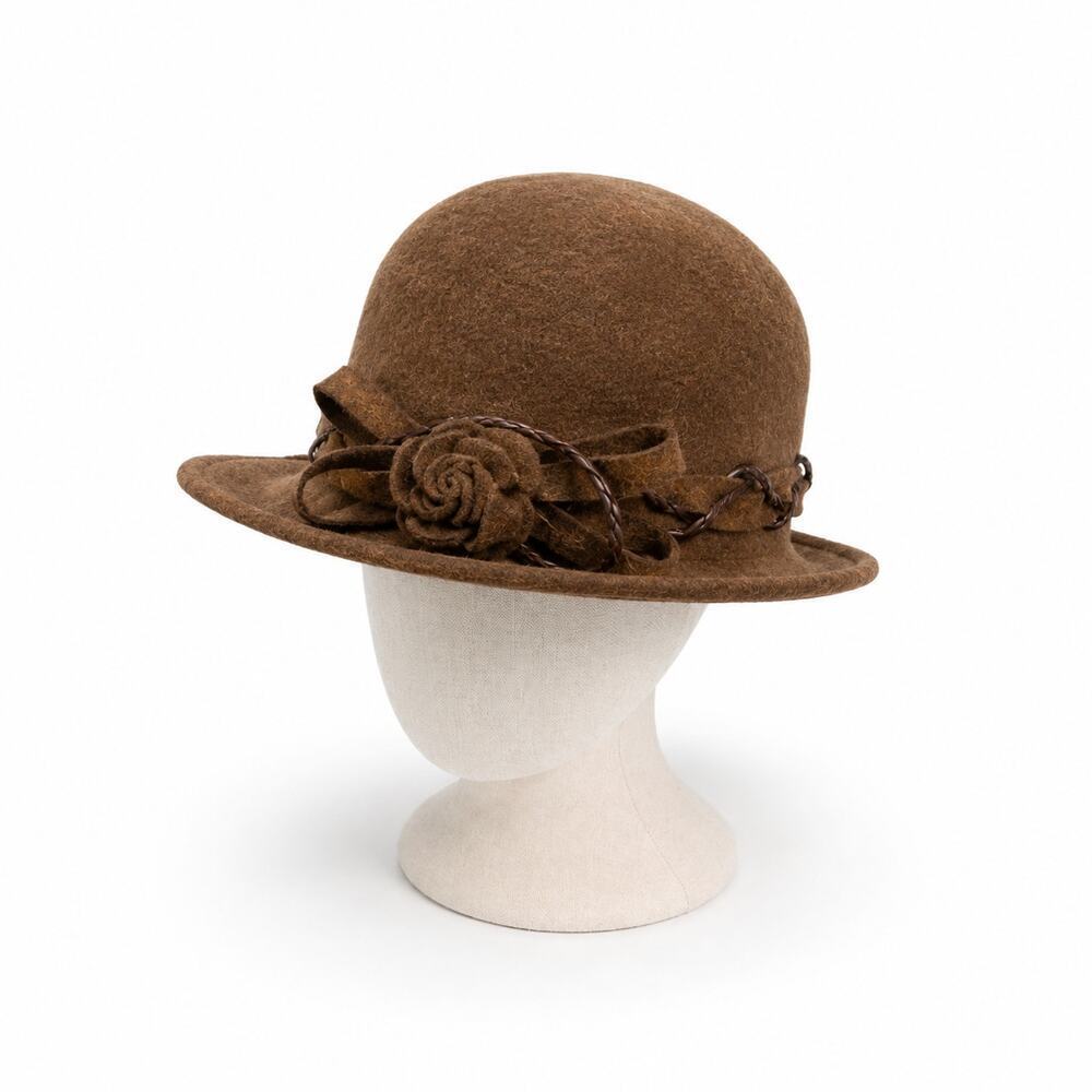 Vintage Italian Brown Wool Cloche Hat Floral Rosette Felt Womens S M EU56